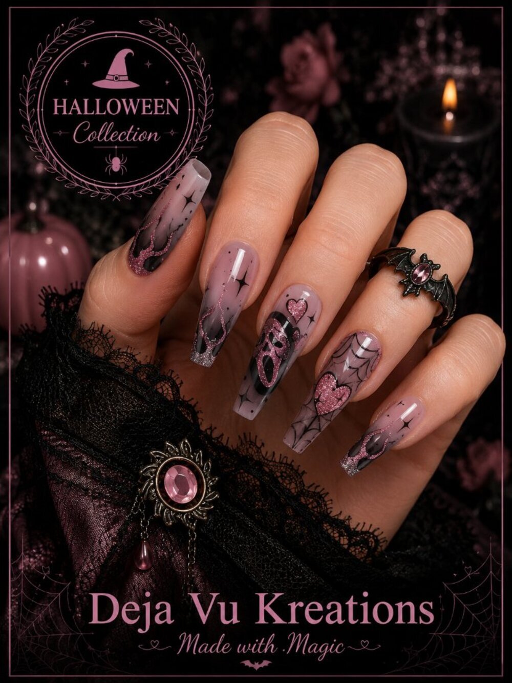 24 Piece Pink Ghostface Sparkly Long Coffin Press On Nails